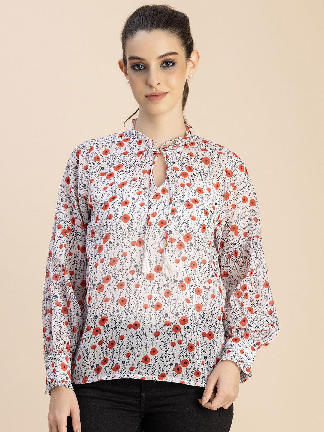 moomaya floral print tie-up neck georgette top