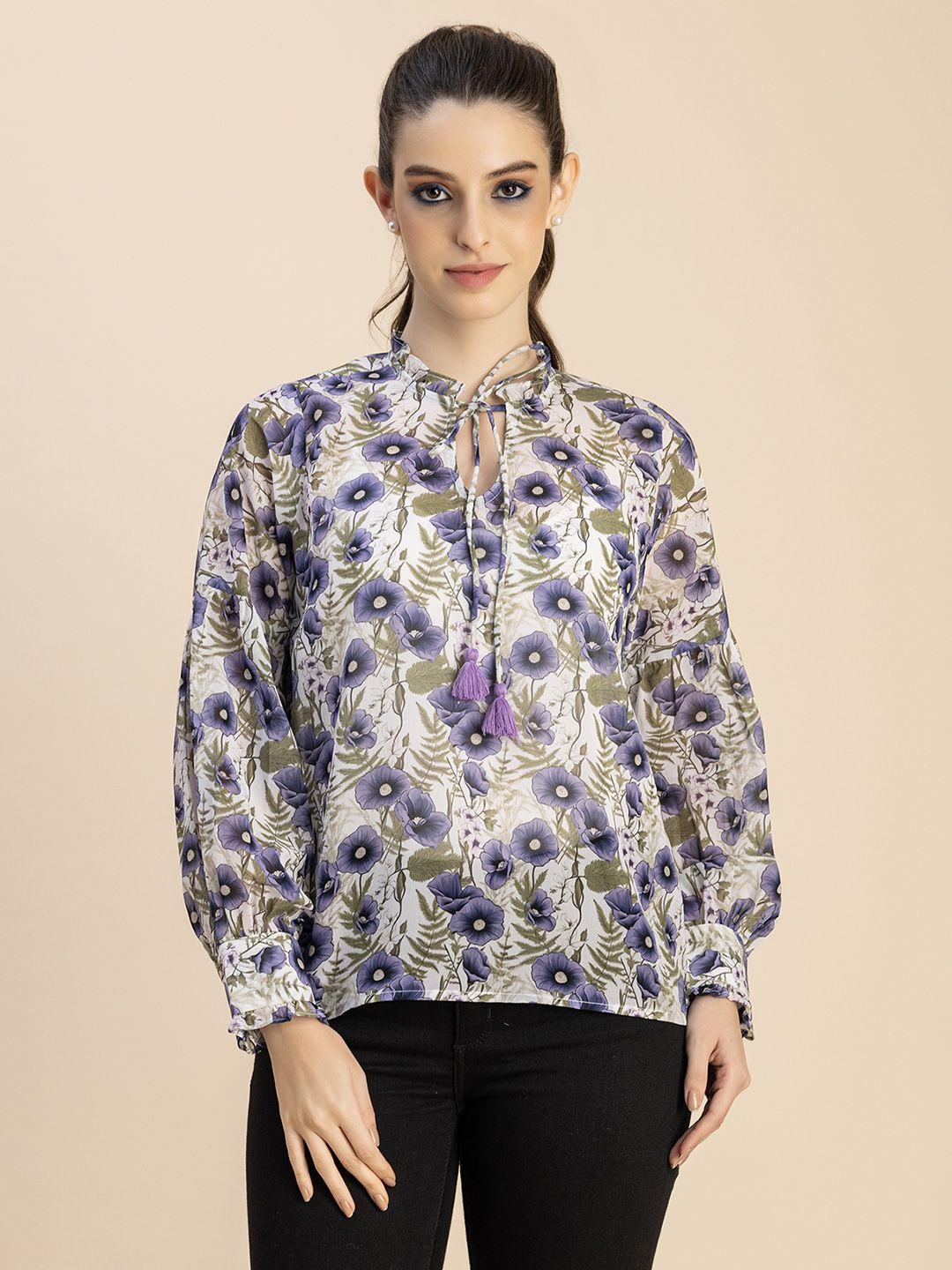 moomaya floral print tie-up neck top