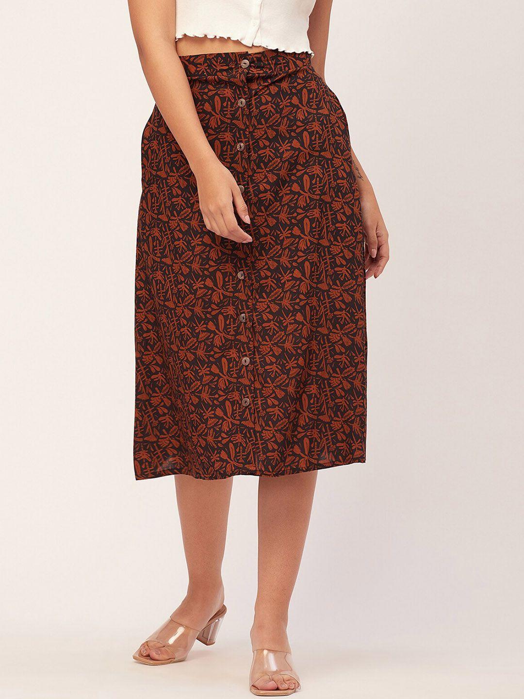 moomaya floral printed a-line front buttoned midi skirts