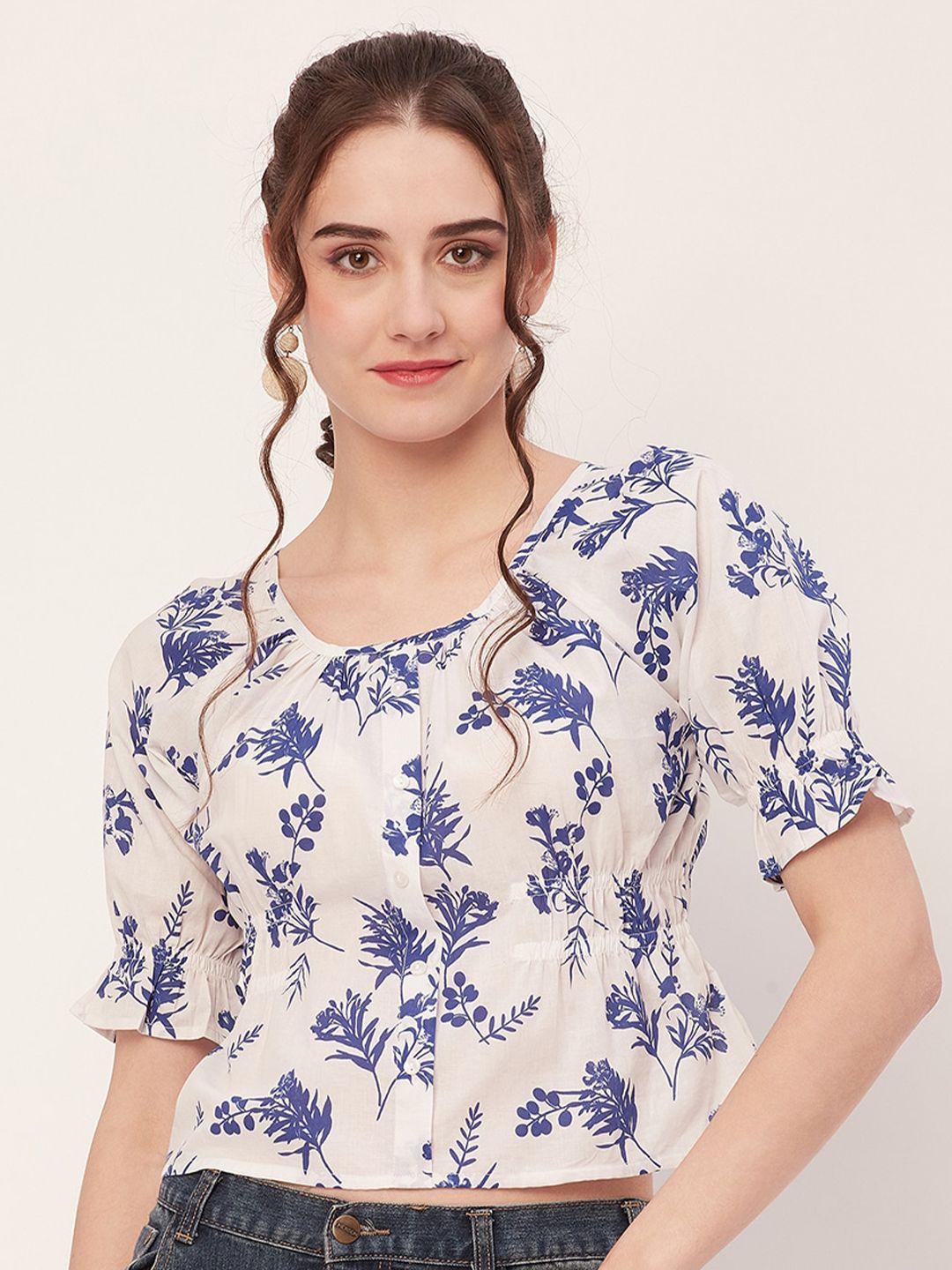 moomaya floral printed bell sleeve cotton cinched waist crop top