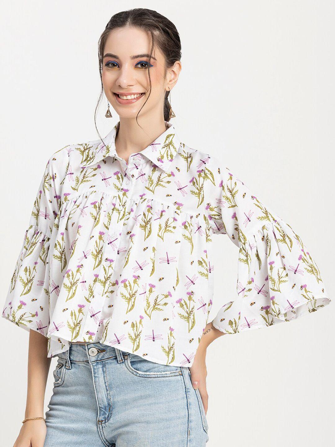 moomaya floral printed bell sleeves shirt style top