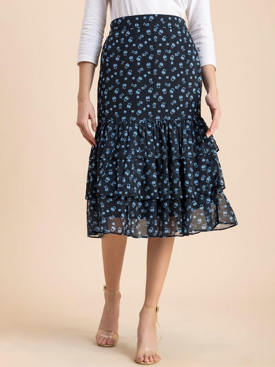 moomaya floral printed chiffon midi tiered skirt