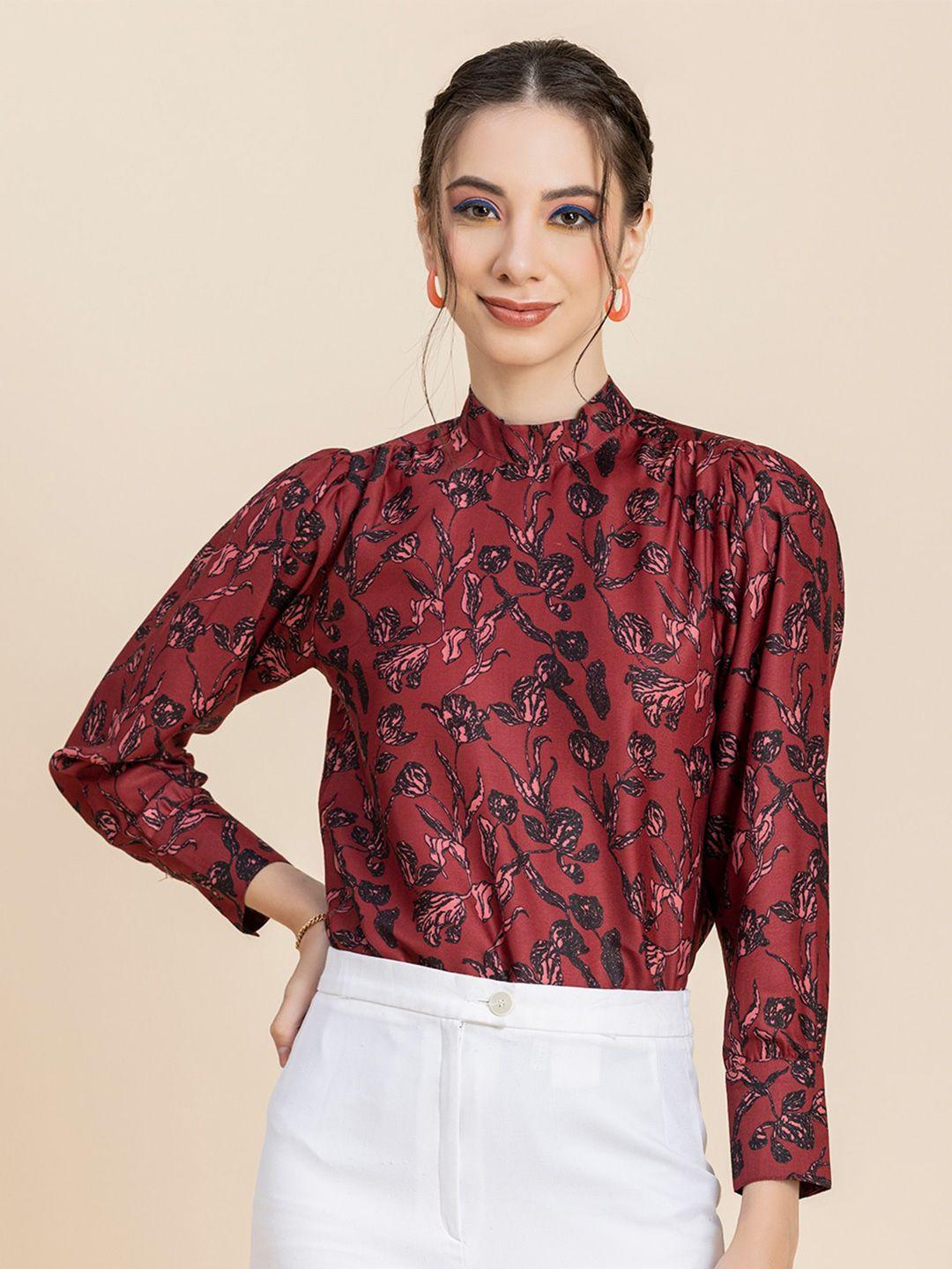 moomaya floral printed high neck cuffed sleeves top