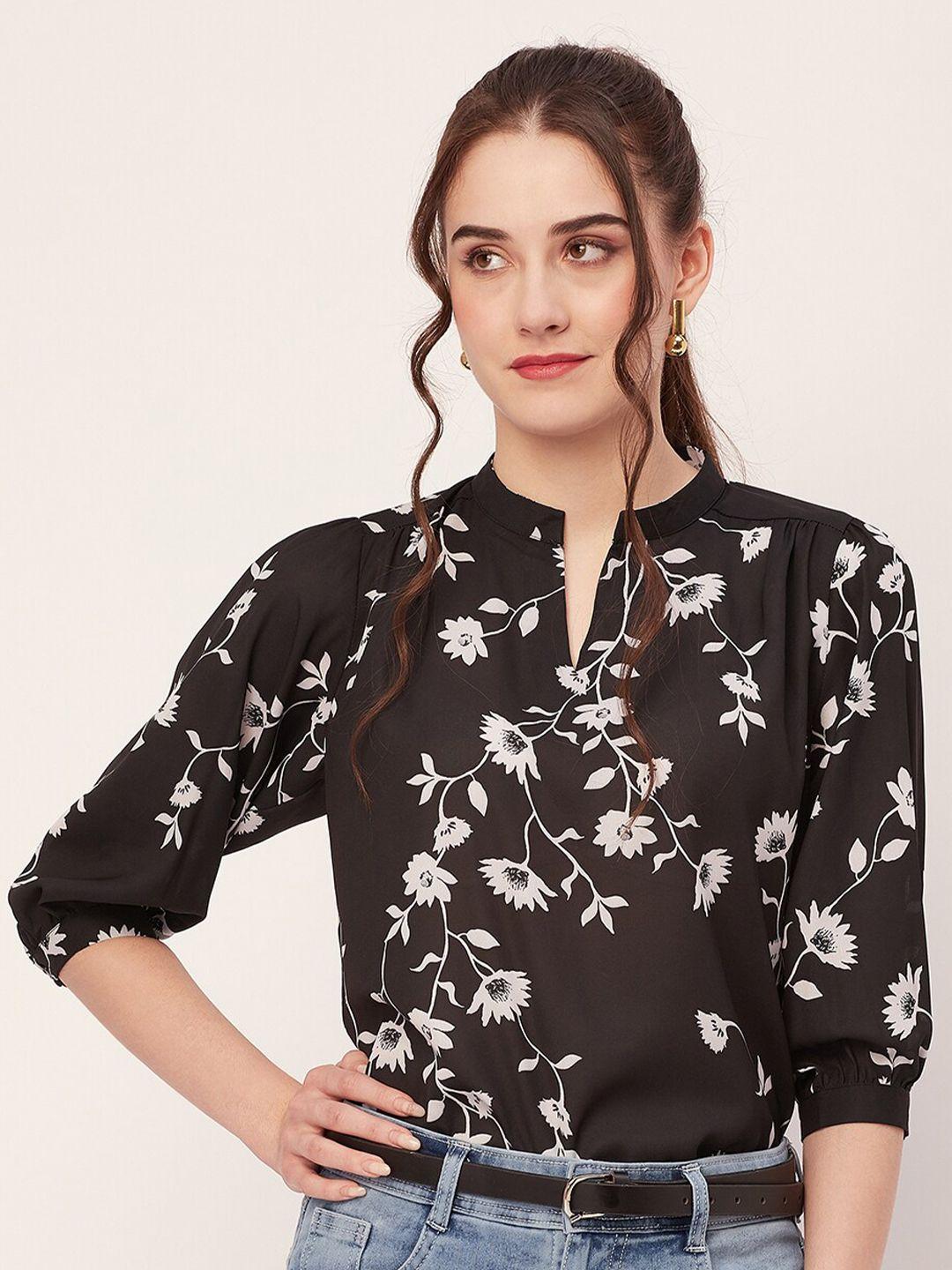 moomaya floral printed mandarin collar cuffed sleeve regular top