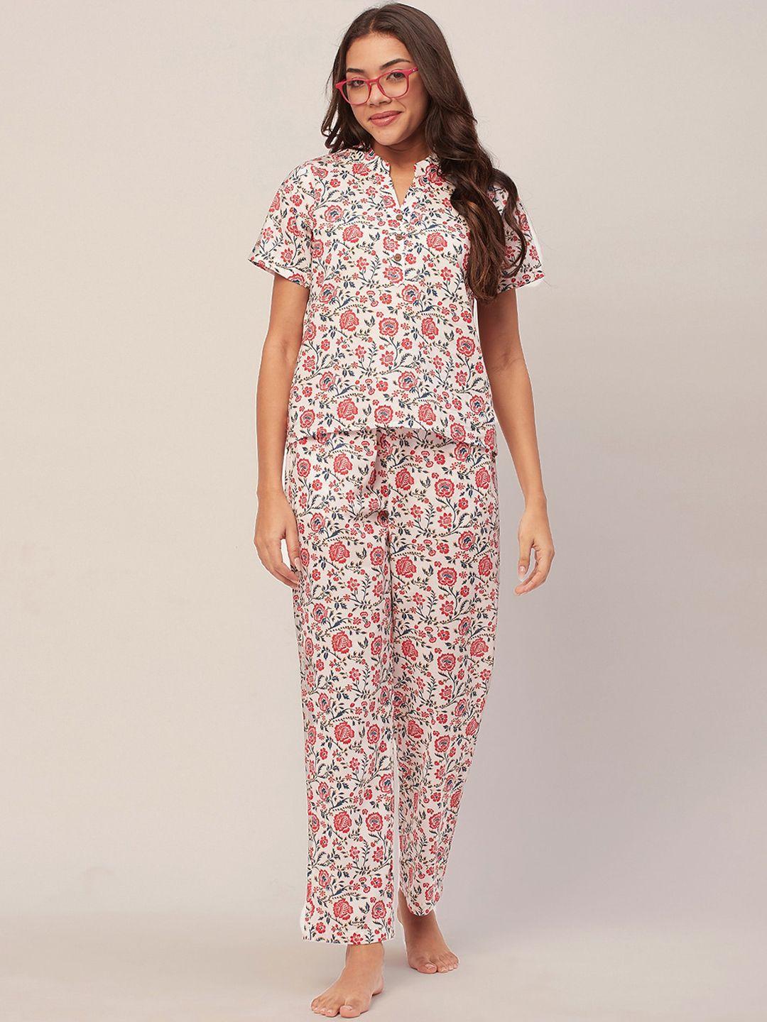 moomaya floral printed mandarin collar pure cotton top & pyjama