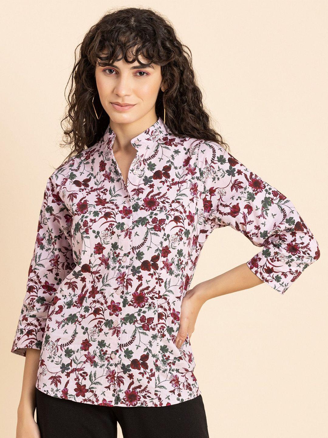 moomaya floral printed mandarin collar shirt style top