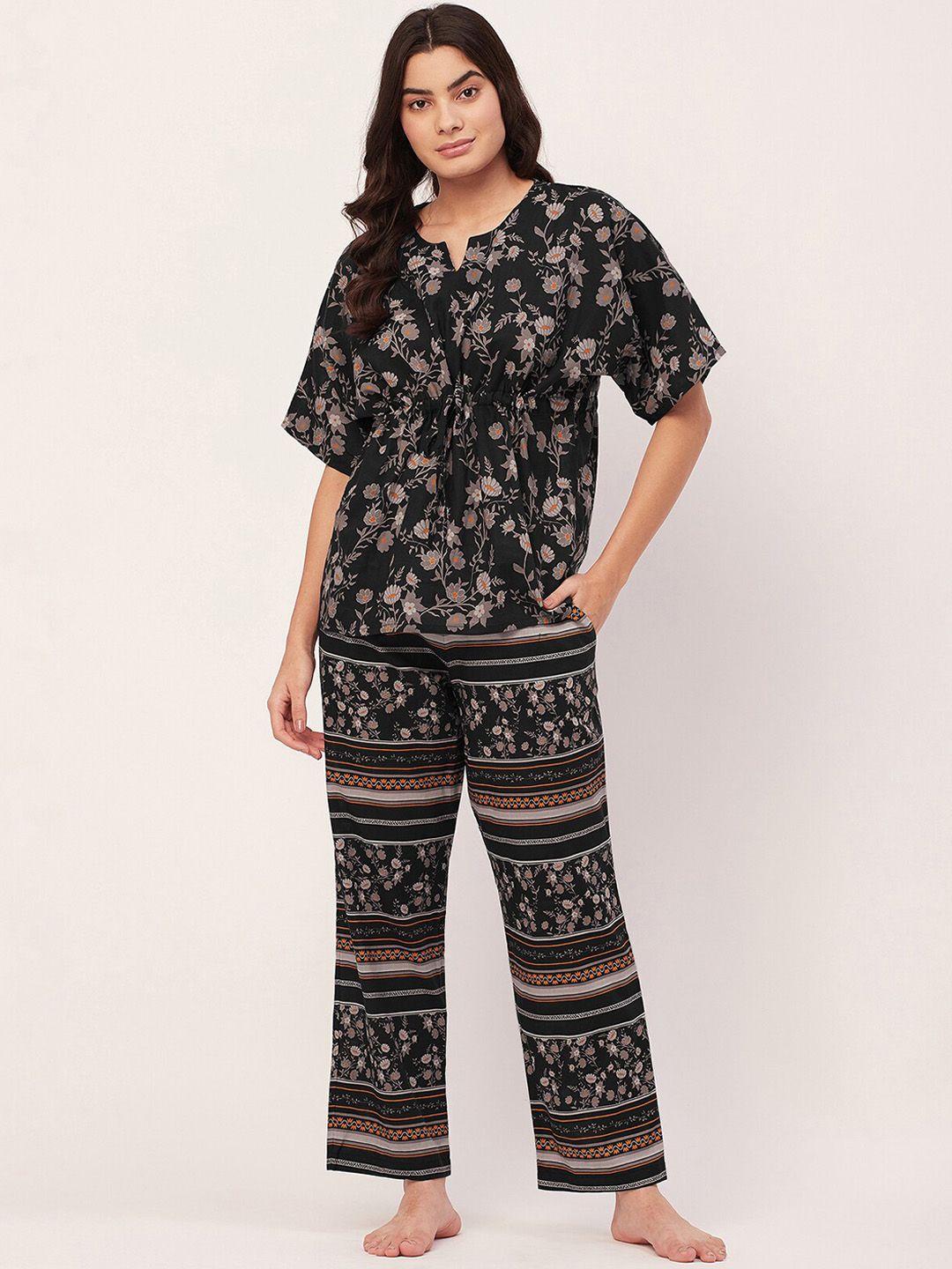 moomaya floral printed notched neck pure cotton top & lounge pants