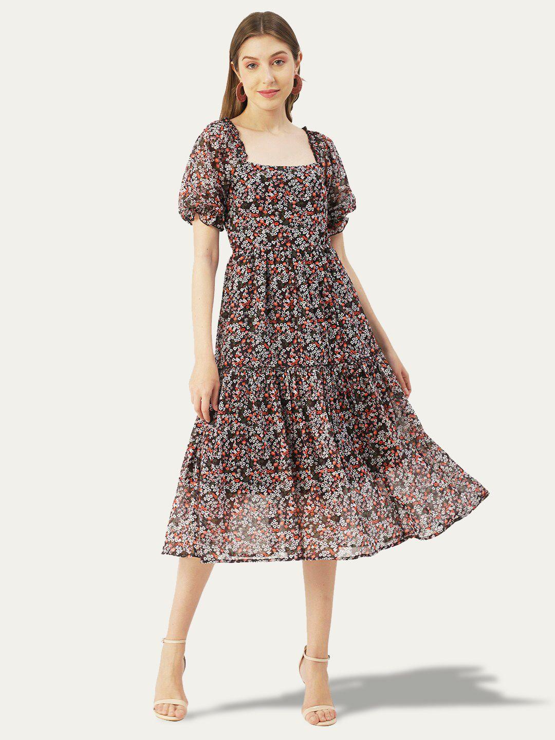 moomaya floral printed puff sleeve fit & flare midi dress