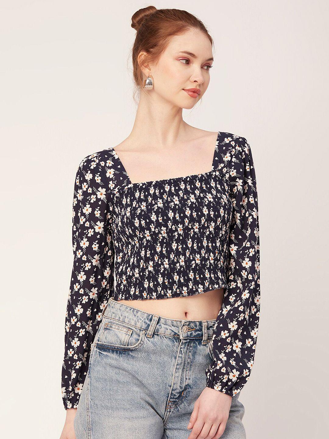 moomaya floral printed puff sleeves smocked fitted crop top