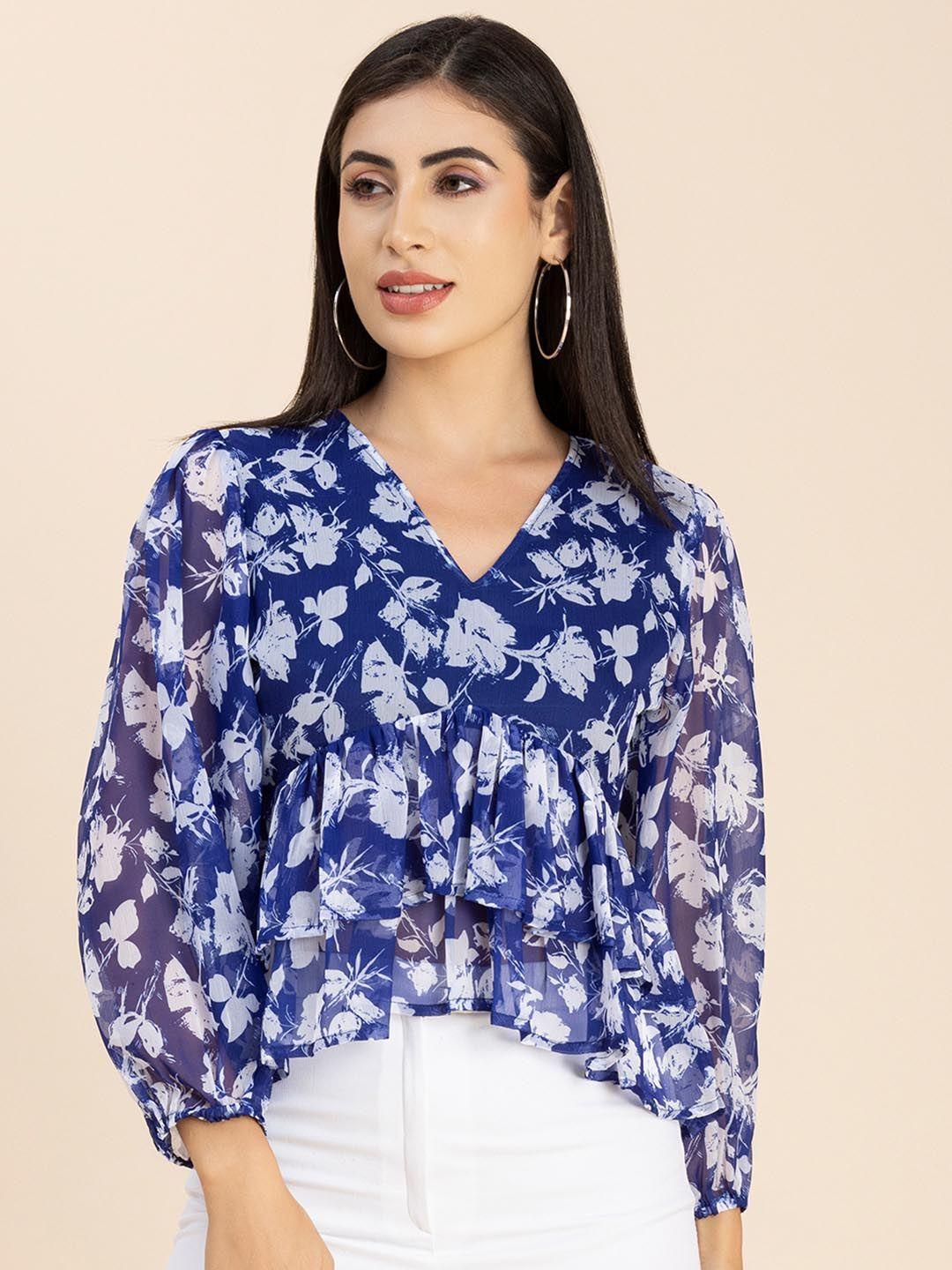 moomaya floral printed puff sleeves v-neck empire top