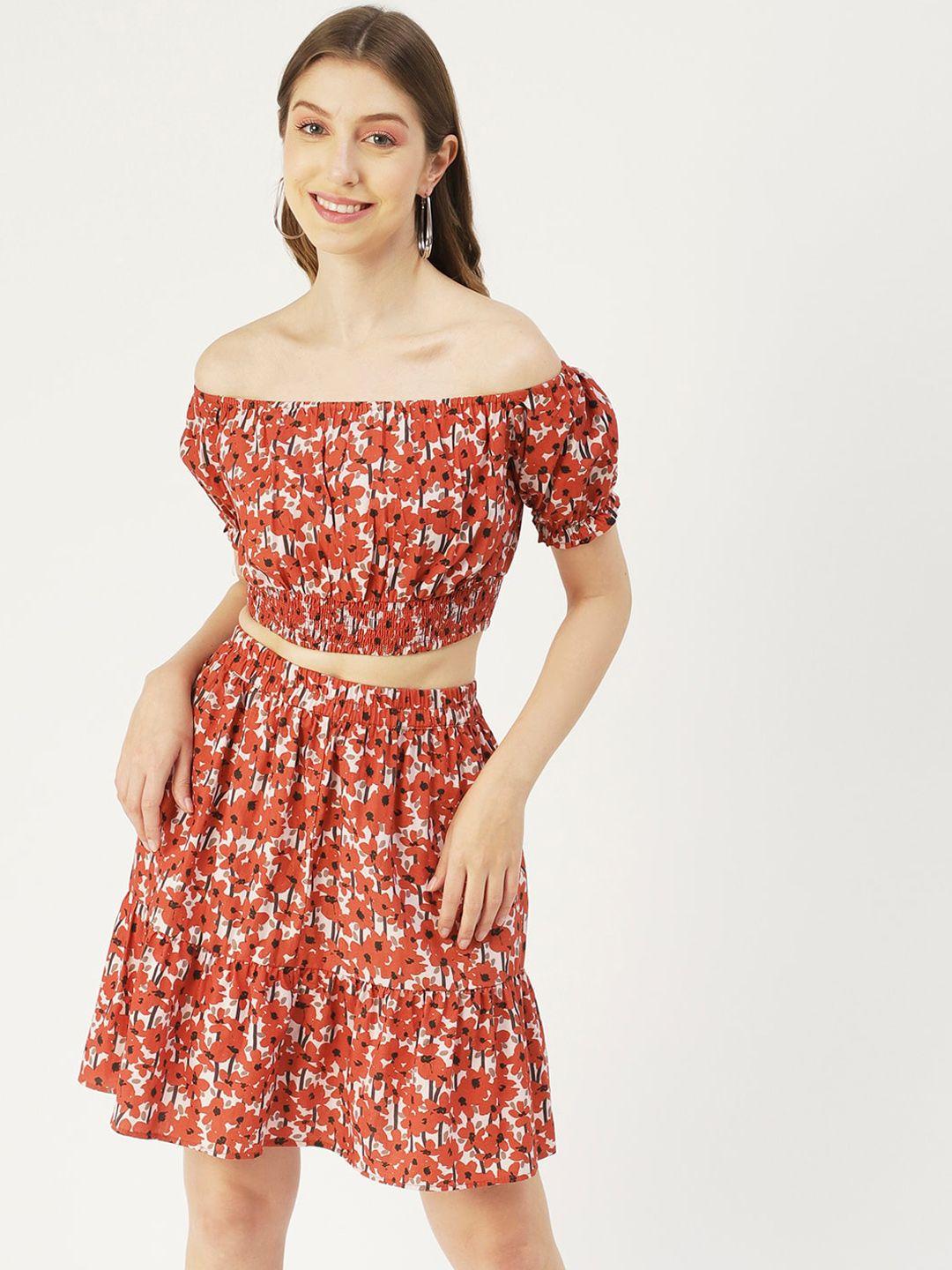 moomaya floral printed pure cotton off shoulder top withskirtco-ords