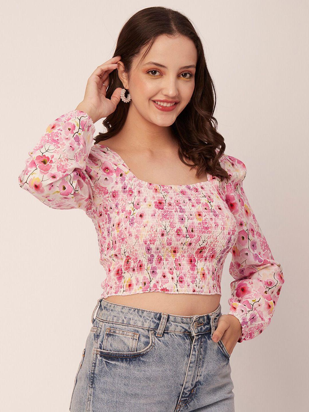 moomaya floral printed scoop neck puff sleeves smocking fitted crop top