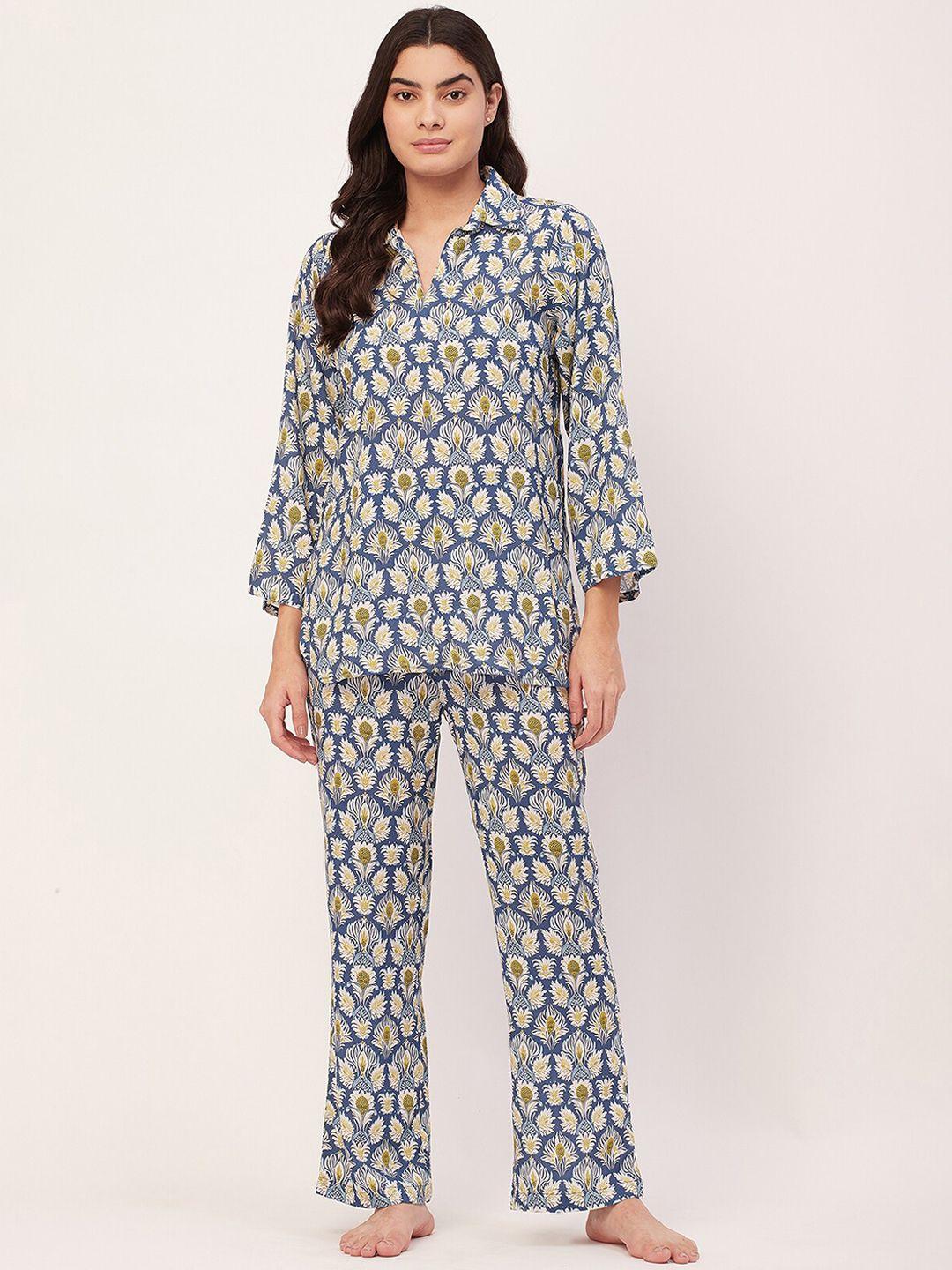 moomaya floral printed shirt collar top & pyjama
