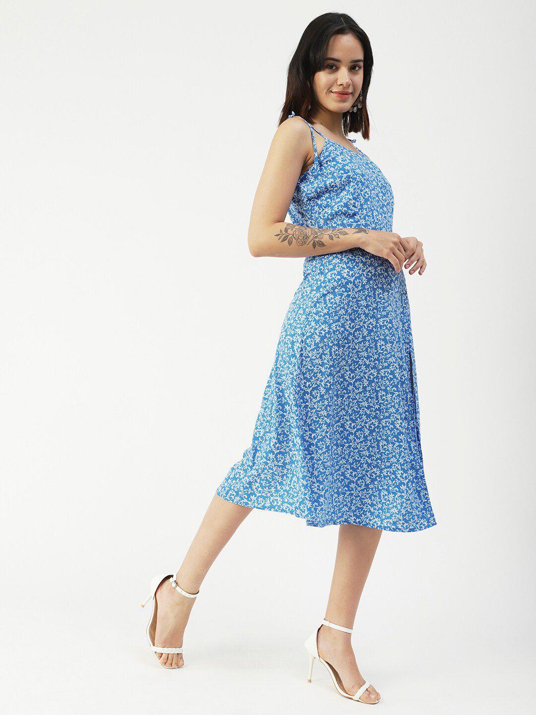 moomaya floral printed shoulder strap front slit a-line midi dress