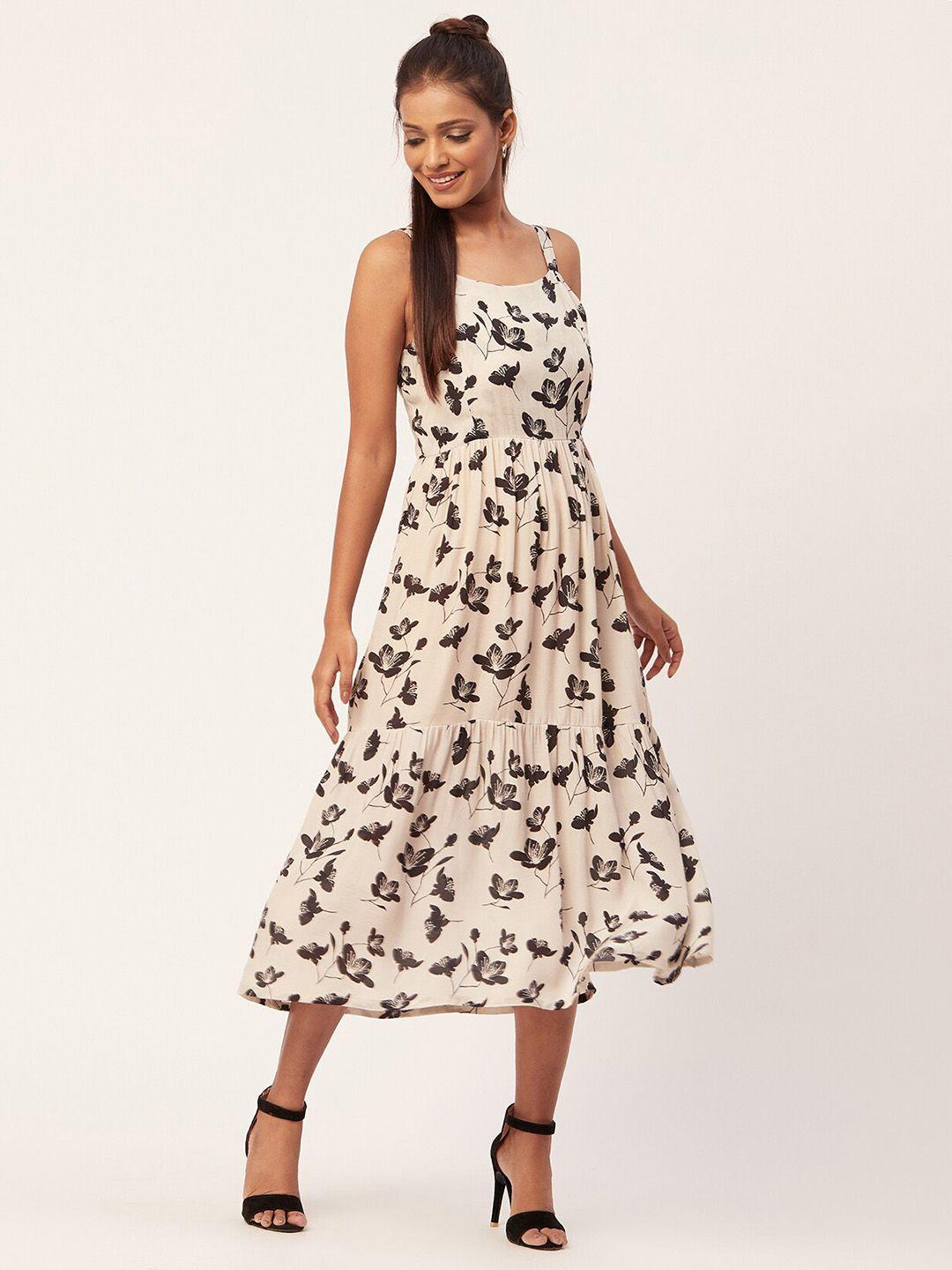 moomaya floral printed shoulder straps pleated tiered flounce hem fit & flare midi dress