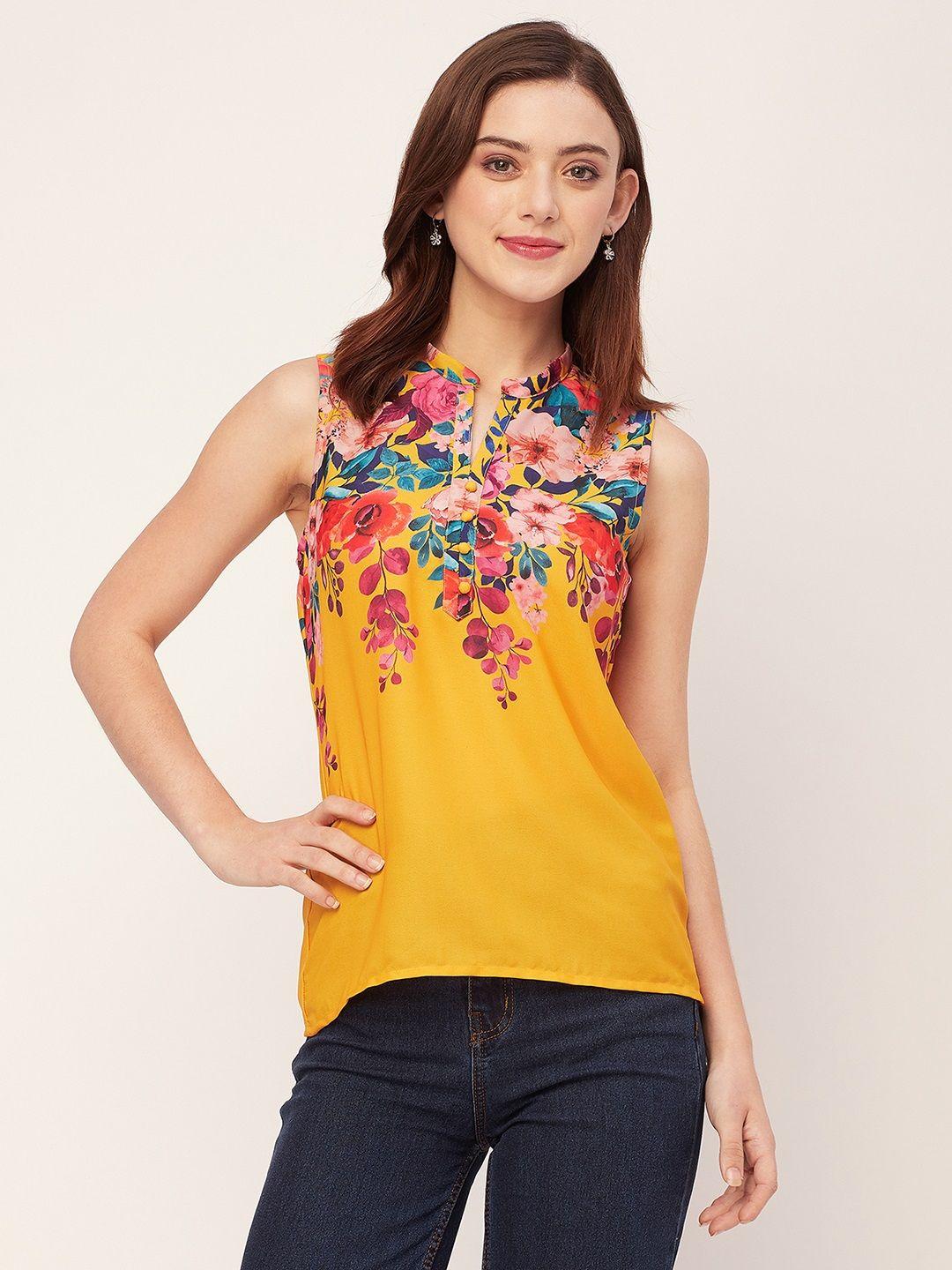 moomaya floral printed sleeveless mandarin collar straight top