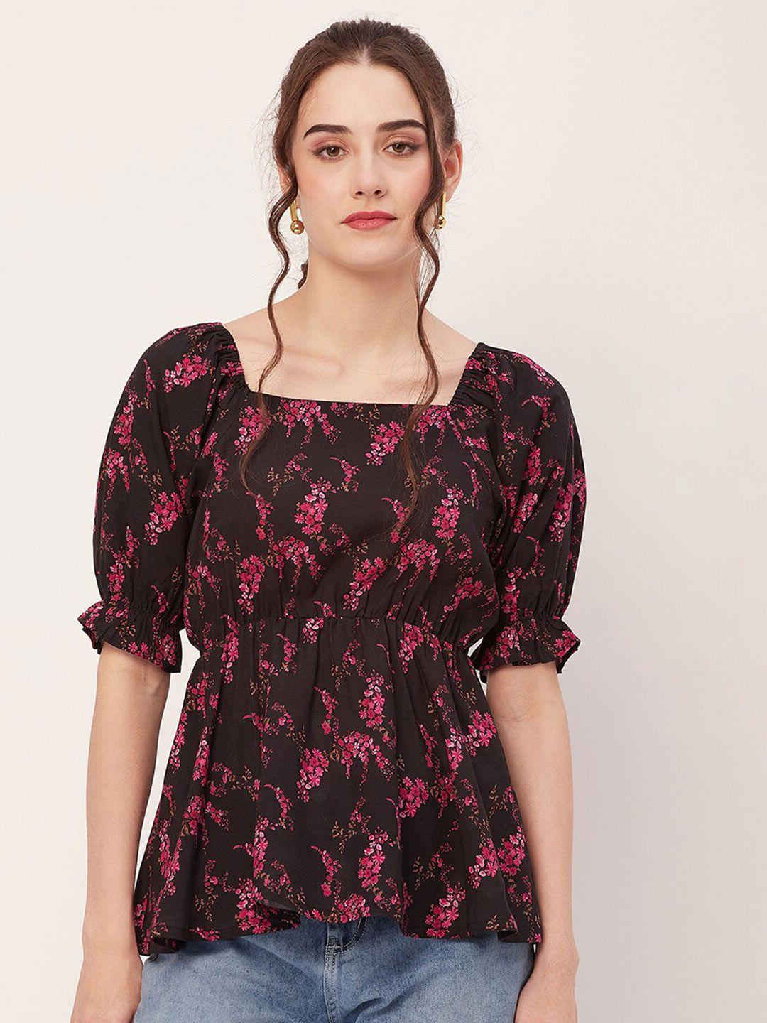 moomaya floral printed square neck puff sleeves peplum top