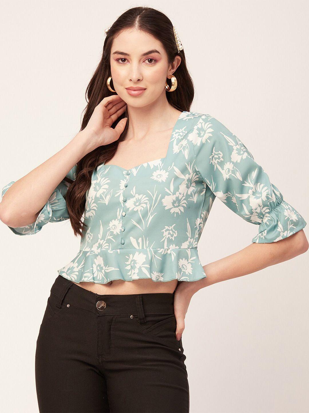 moomaya floral printed sweetheart neck bell sleeves crepe crop top