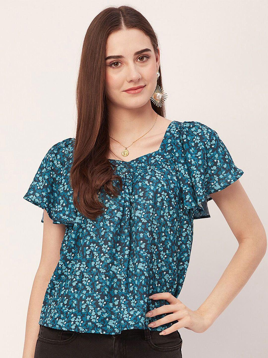 moomaya floral printed sweetheart neck flutter sleeve top