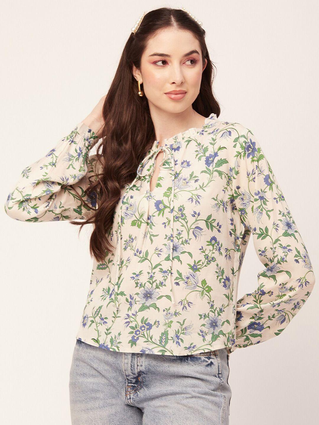 moomaya floral printed tie up neck cuffed sleeves top