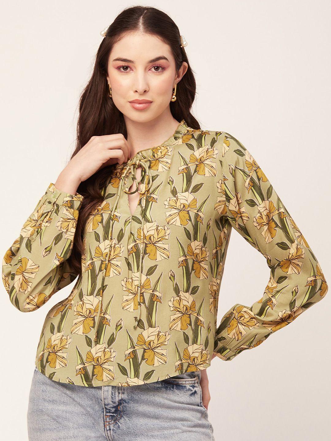 moomaya floral printed tie-up neck modal top