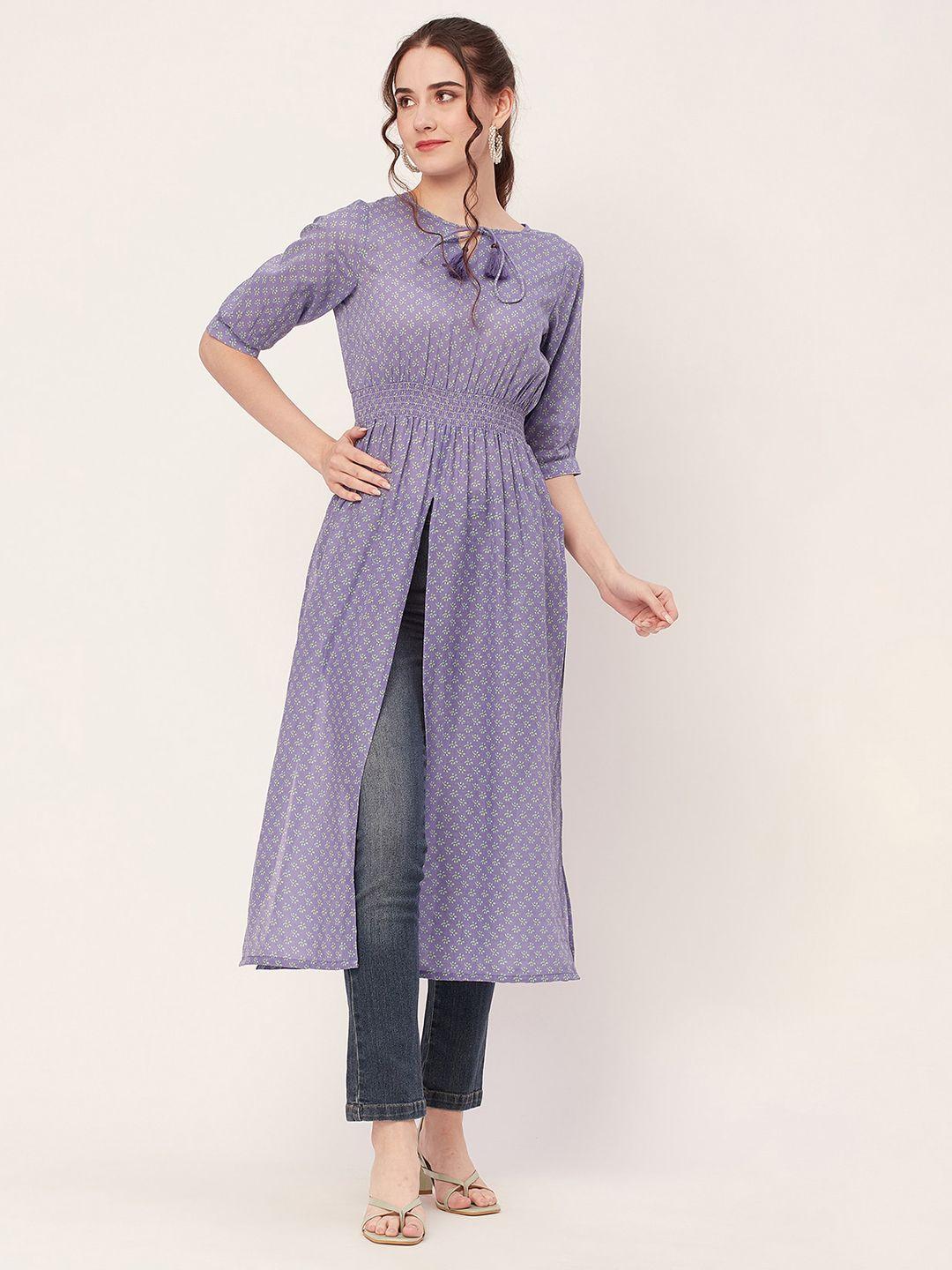 moomaya floral printed tie up neck puff sleeves pure cotton kurta