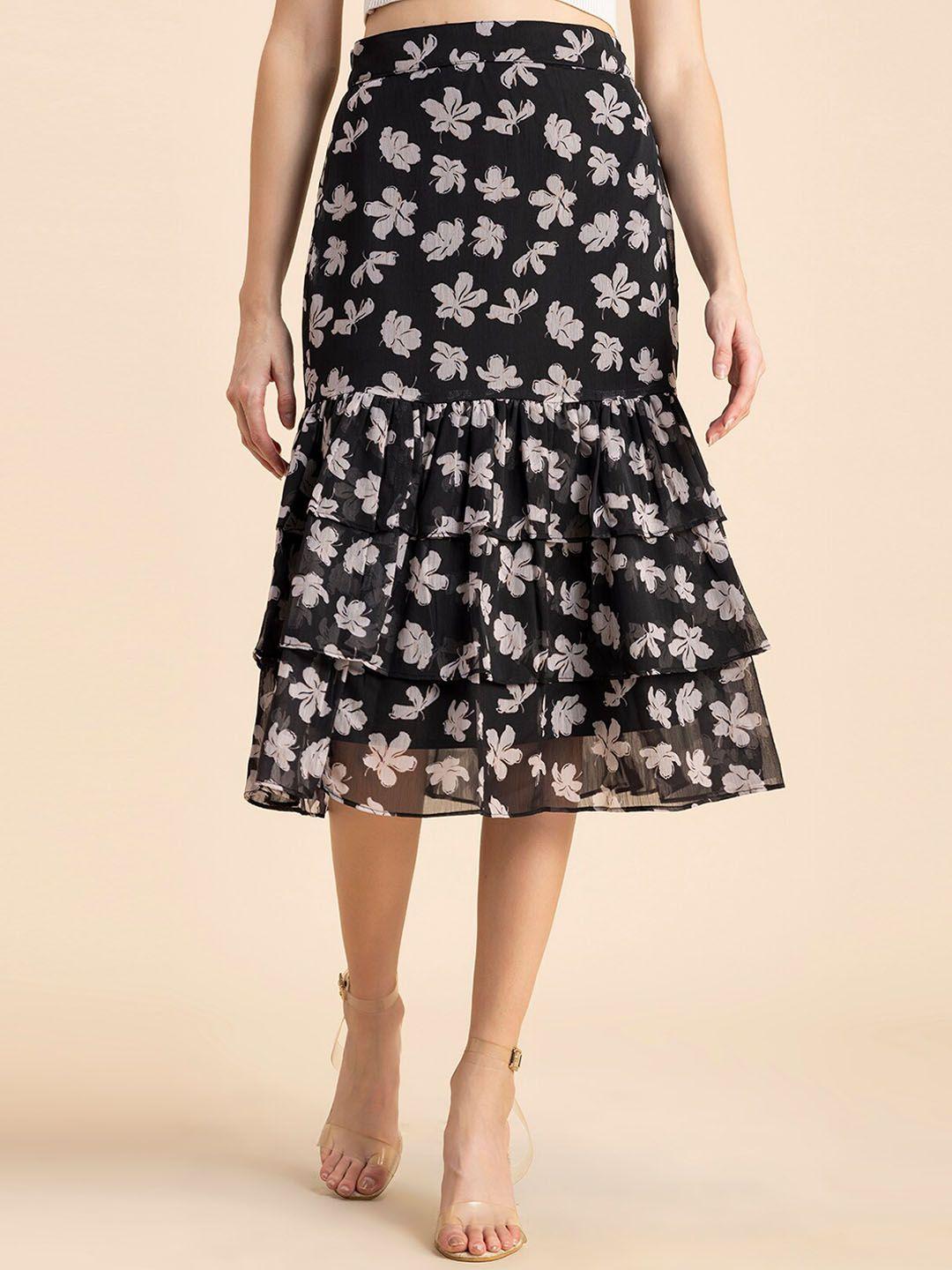 moomaya floral printed tiered chiffon midi skirt