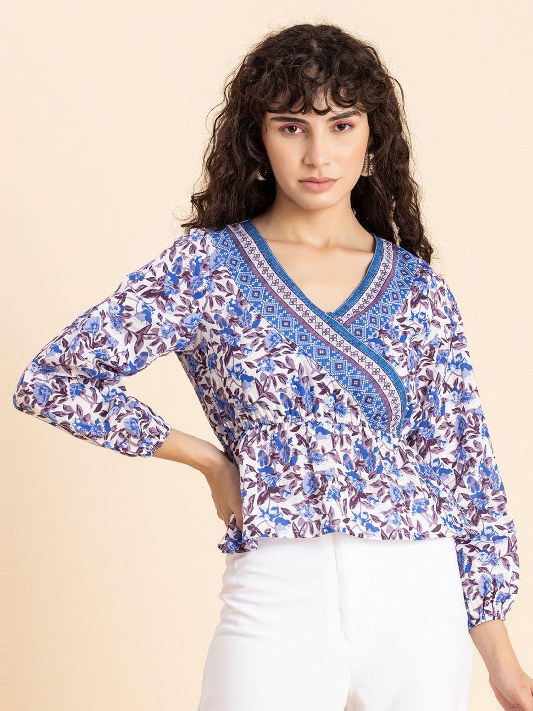 moomaya floral printed v-neck puff sleeves cotton cinched waist top