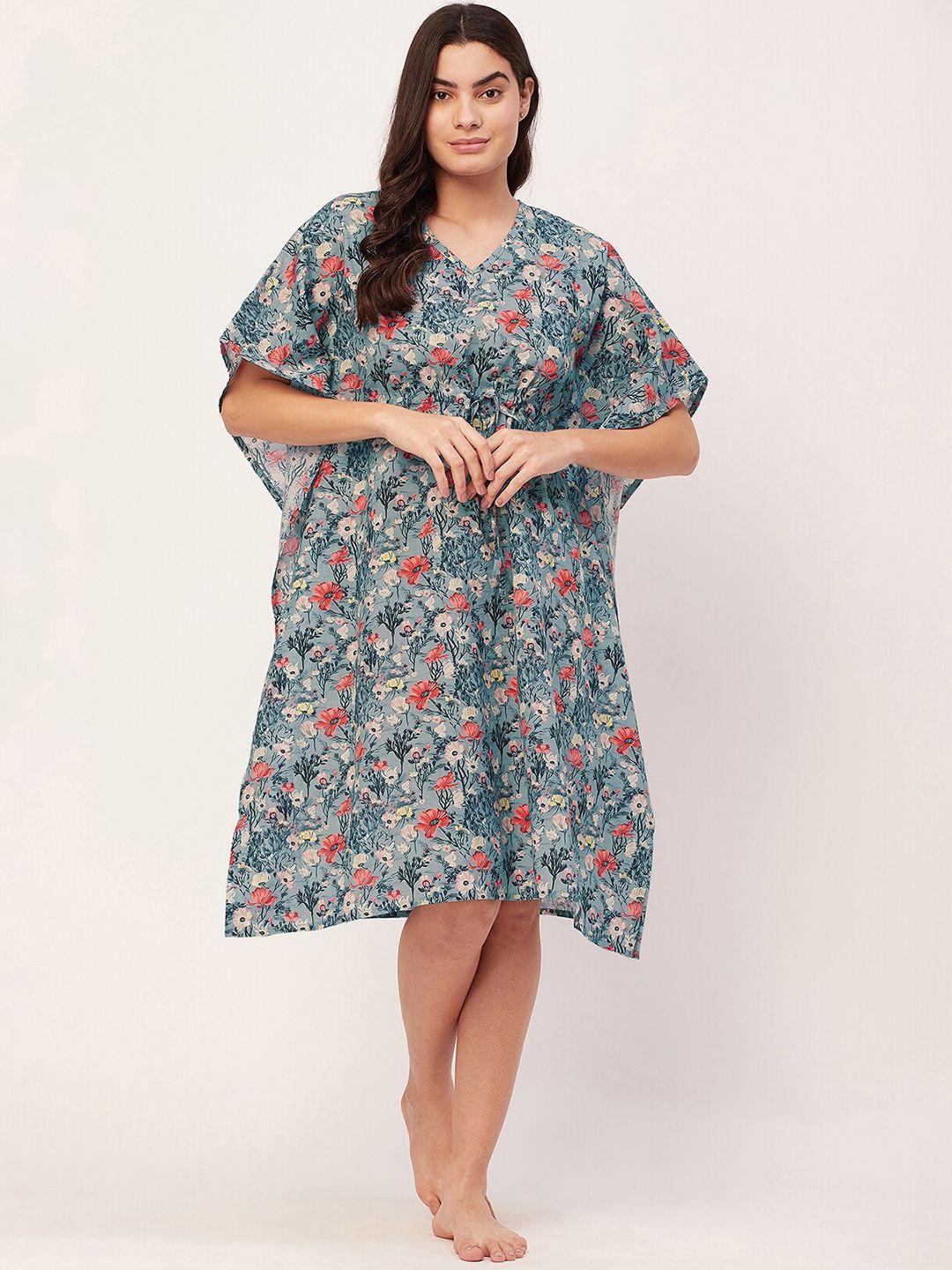 moomaya floral printed v-neck pure cotton kaftan nightdress