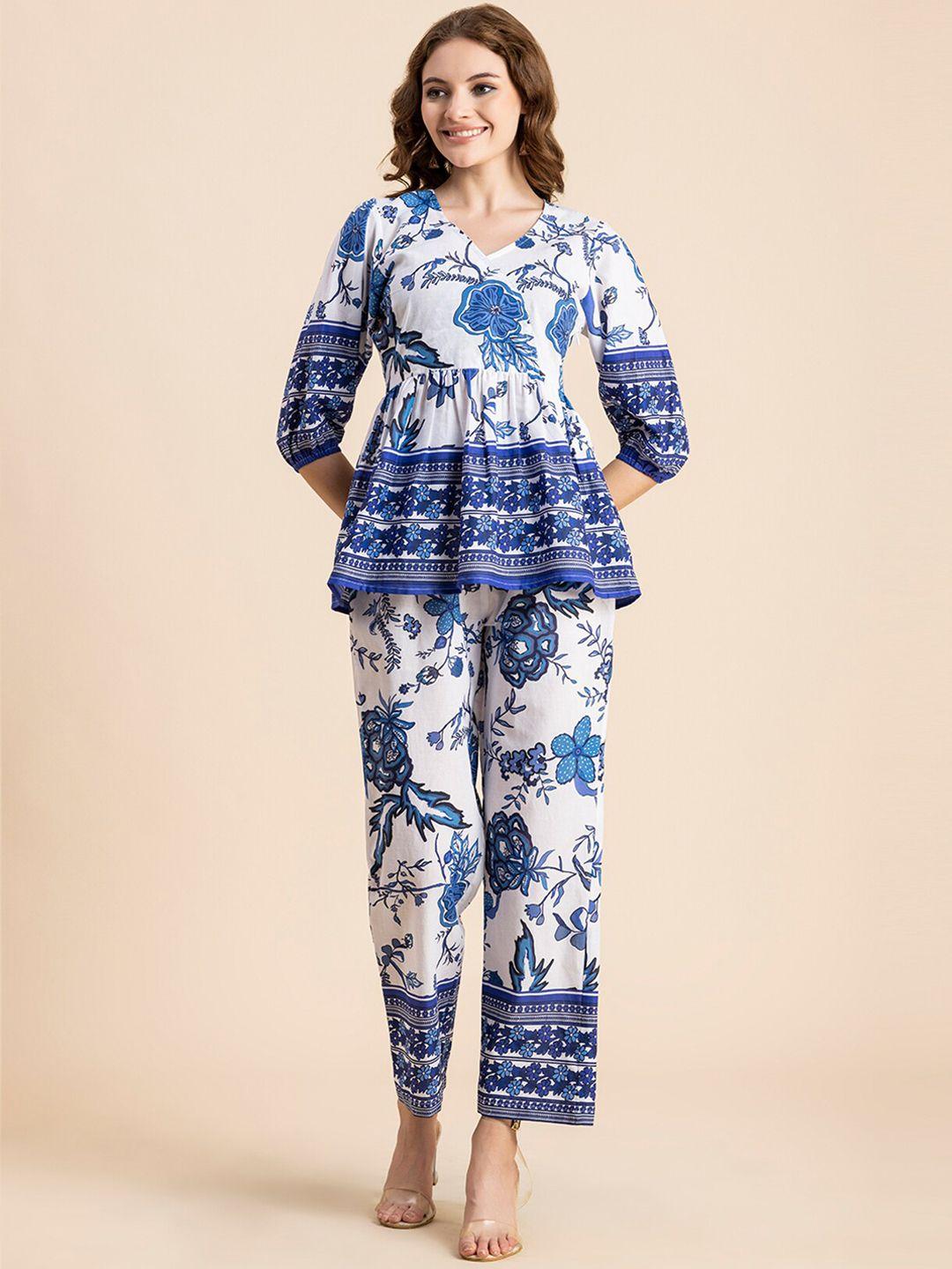 moomaya floral printed v-neck pure cotton top with trouser