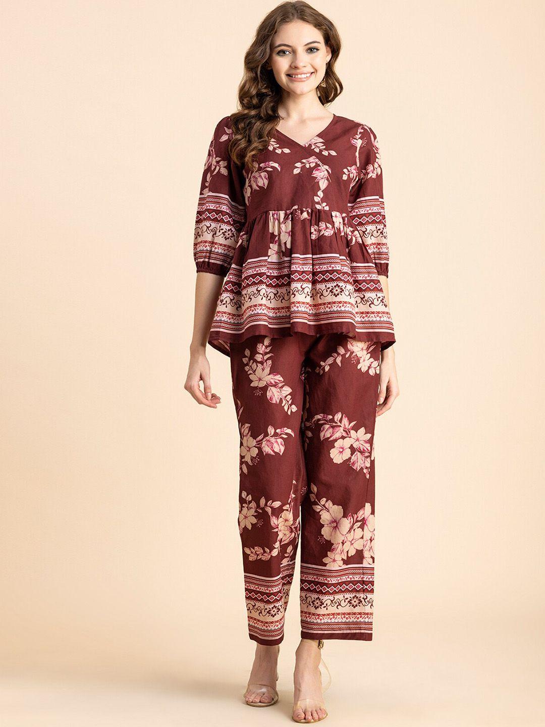 moomaya floral printed v-neck pure cotton top with trouser