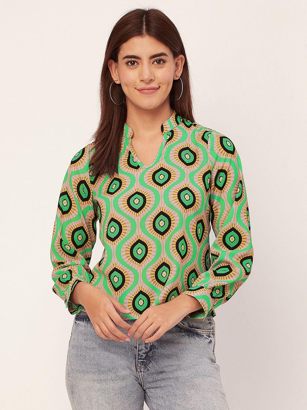 moomaya geometric printed mandarin collar cuffed sleeves top