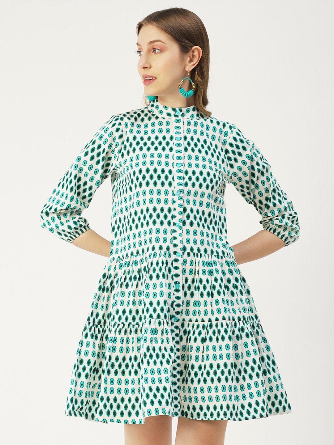 moomaya geometric printed mandarin collar gathered tiered cotton a-line dress