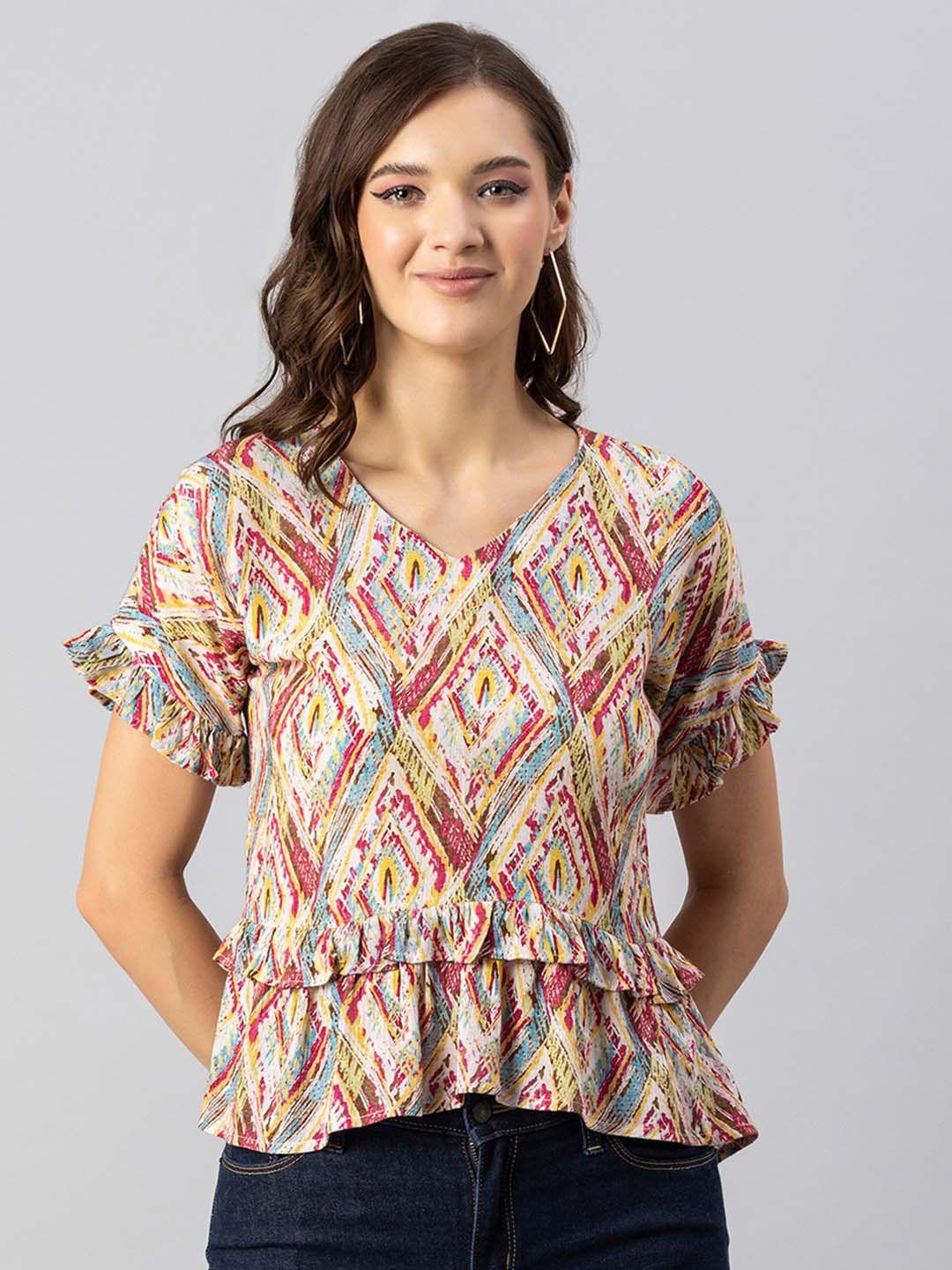 moomaya geometric printed printed v-neck ruffled regular top