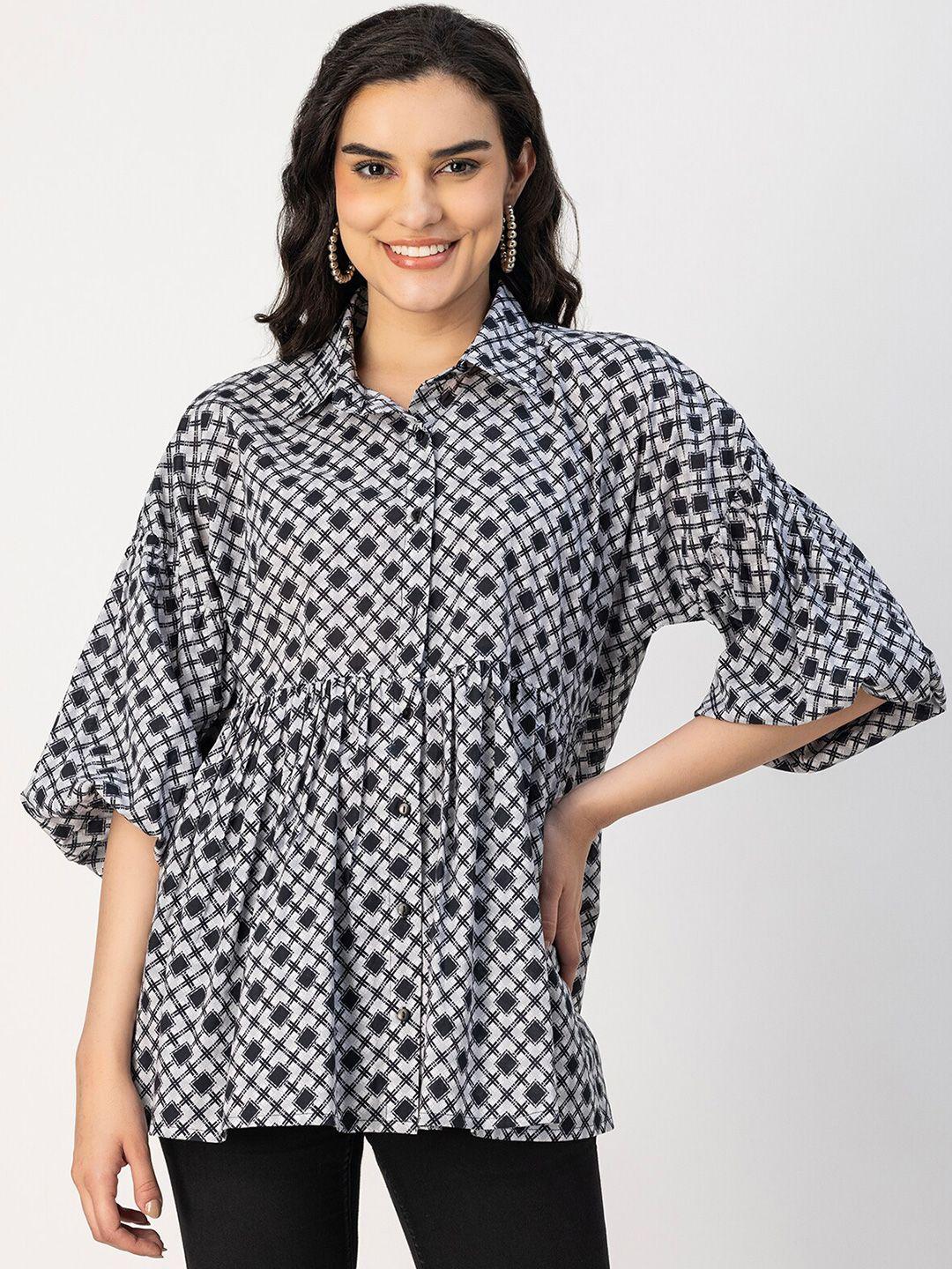 moomaya geometric printed puff sleeve cotton shirt style top