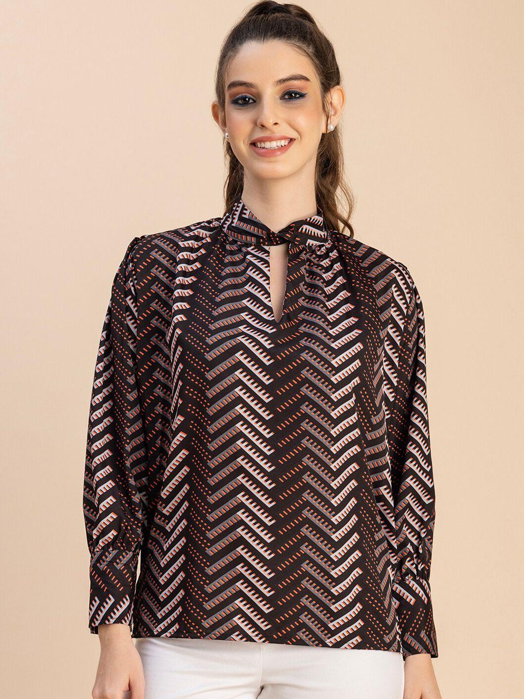 moomaya geometric printed tie-up neck crepe top