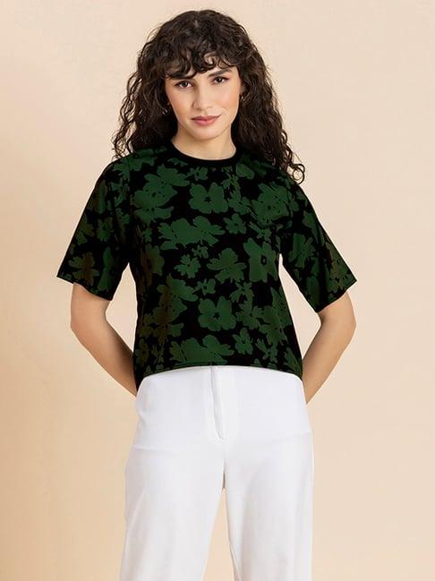 moomaya green & black floral print top