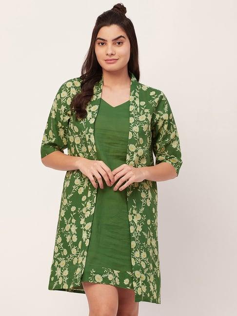 moomaya green cotton floral print night dress with shrug
