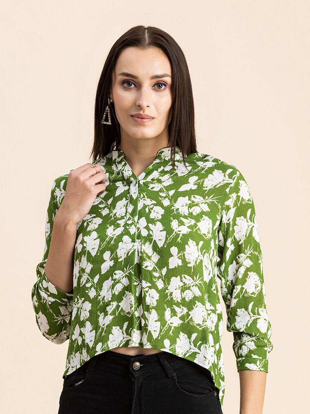 moomaya green floral print crepe shirt style top