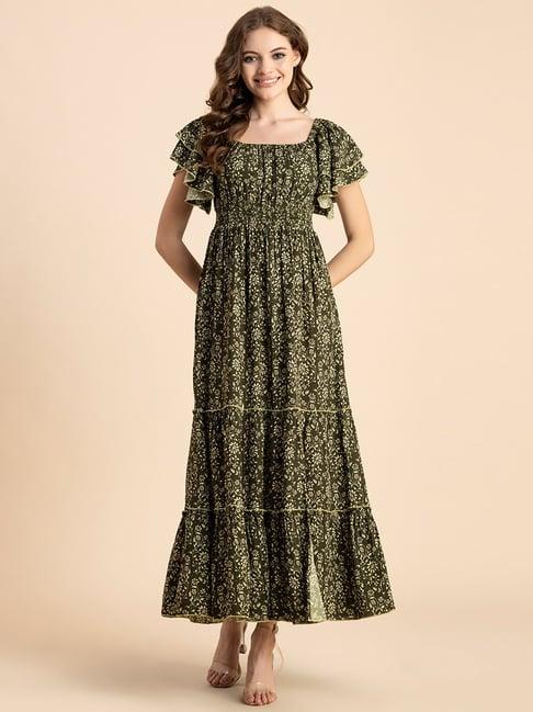 moomaya green floral print fit & flare dress