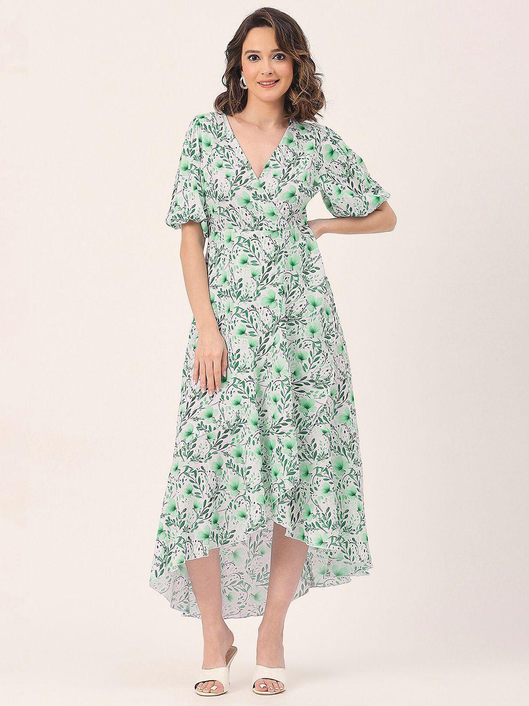 moomaya green floral print flared sleeve midi dress