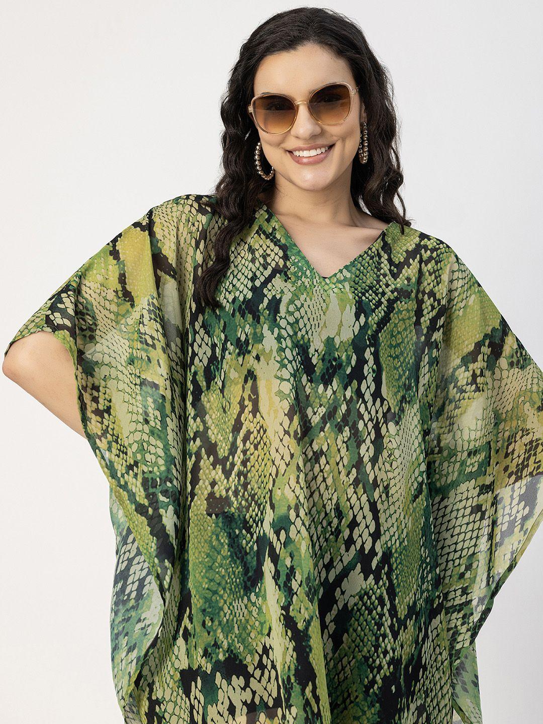 moomaya green floral print slit sleeve georgette a-line midi dress