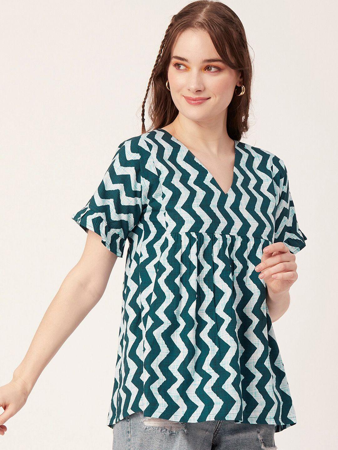 moomaya green geometric print extended sleeves cotton top