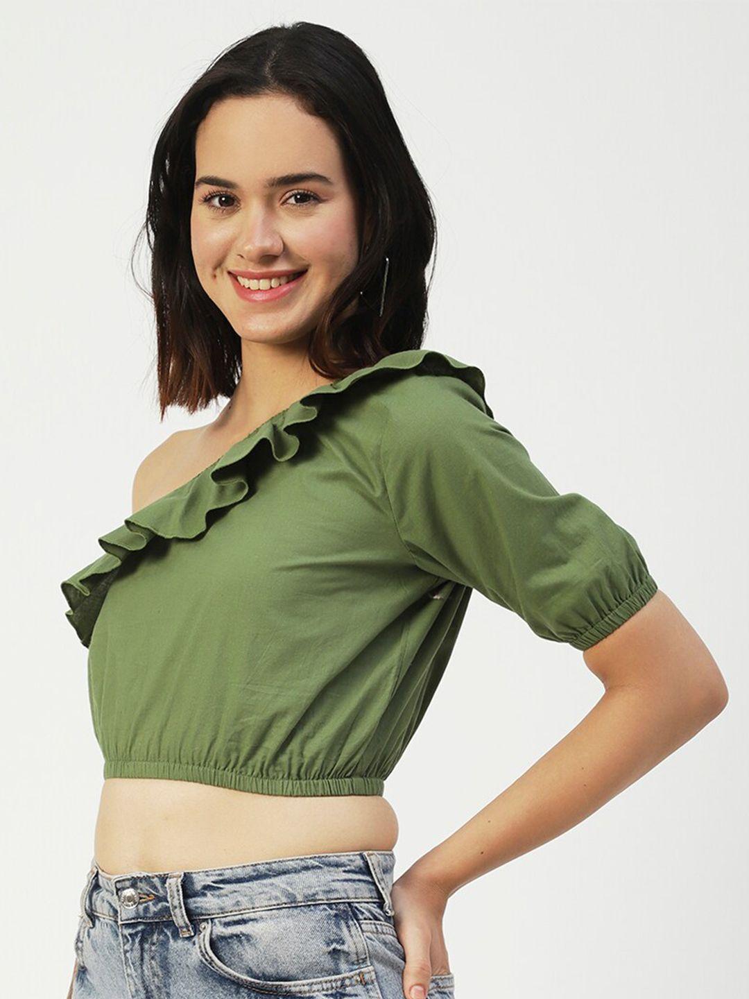 moomaya green one shoulder cotton blouson crop top