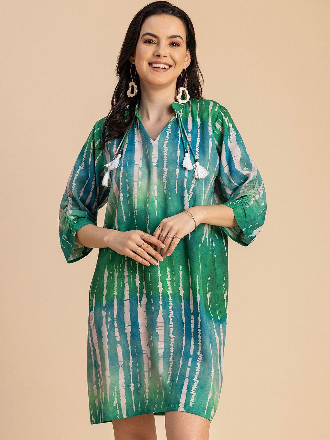 moomaya green print tie-up neck a-line dress