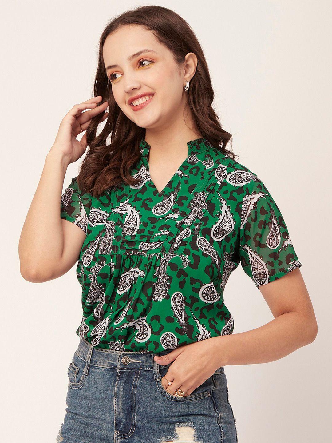 moomaya green tropical print mandarin collar extended sleeves georgette shirt style top