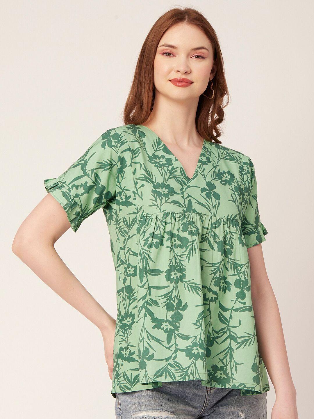 moomaya green tropical print roll-up sleeves cotton top