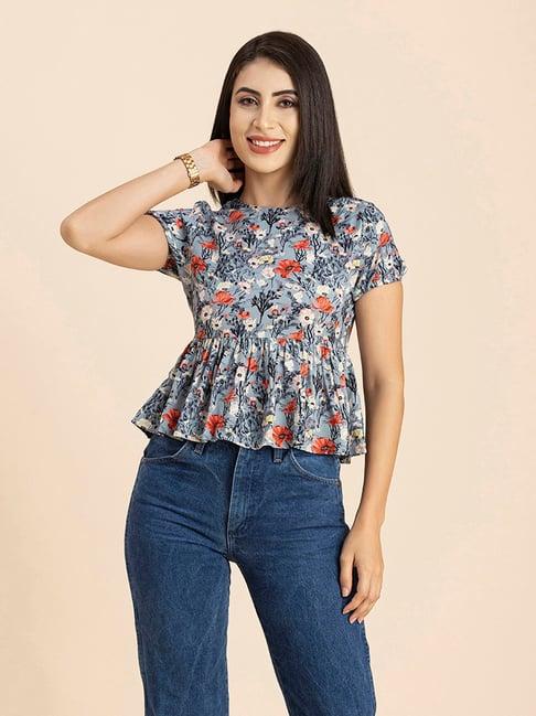 moomaya grey floral print peplum top