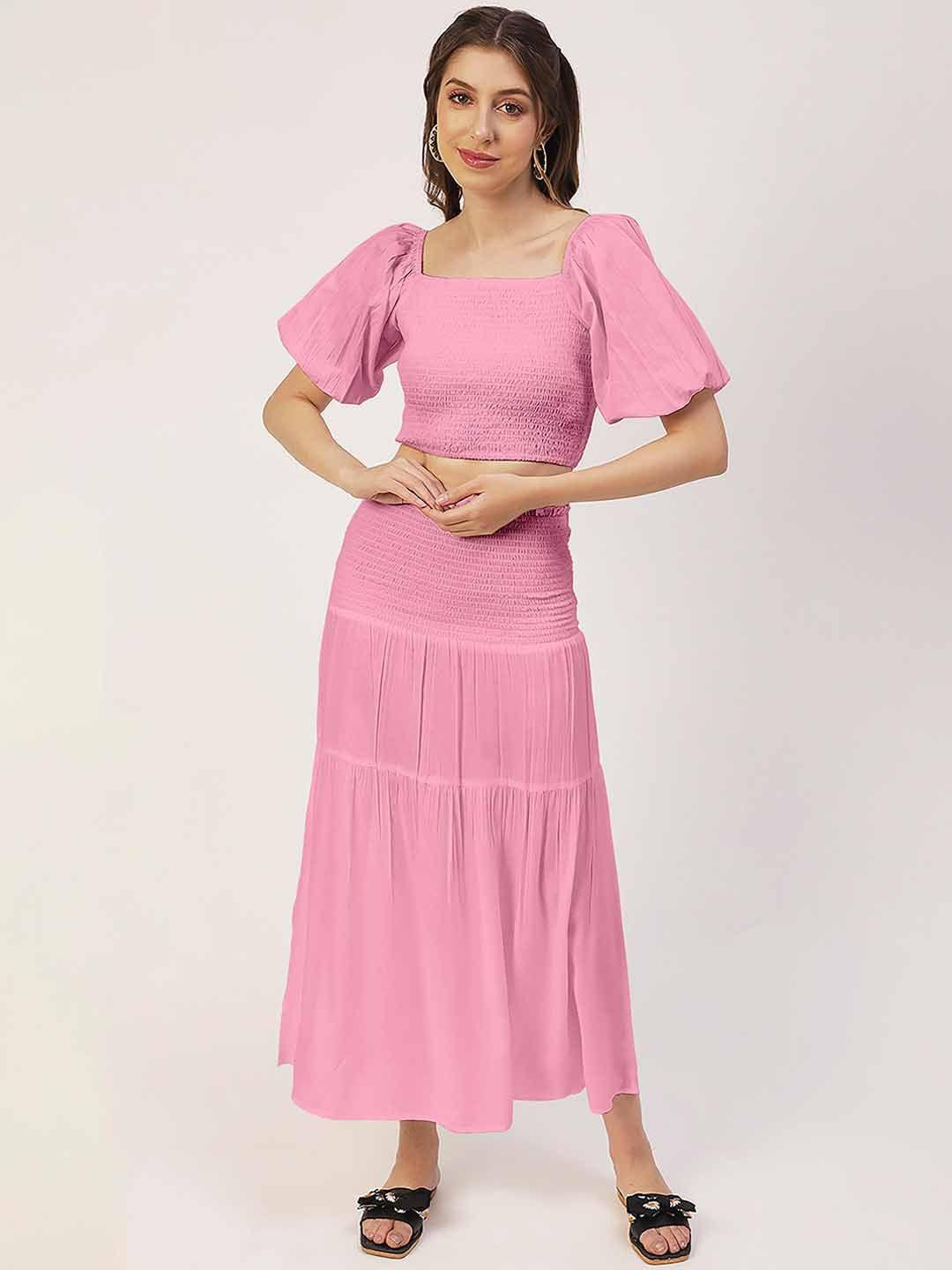 moomaya high waist smocked tiered midi skirt