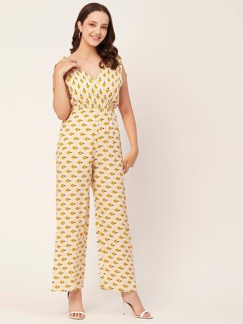 moomaya light yellow printed jumpsuit